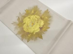 塩瀬金銀彩手描き牡丹模様開き名古屋帯（額縁仕立て）